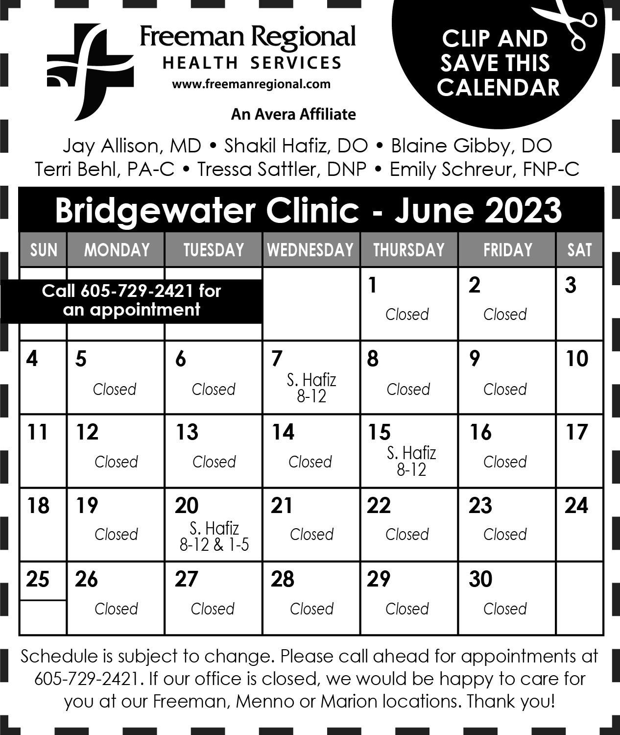 FRHS Calendar Freeman Regional Health Services