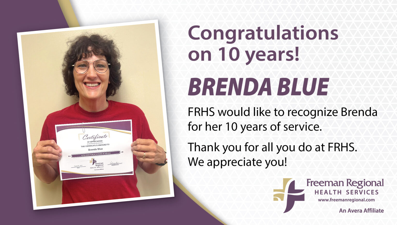 Congratulations Brenda – 10 Years! – Freeman Regional Health Services